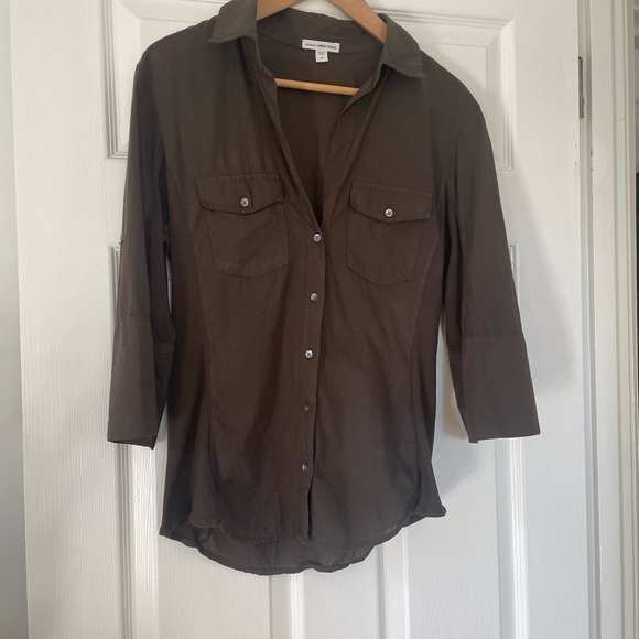 James Perse Slub Cotton Khaki Button-Up Shirt - Picture 11 of 15